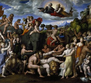Eine große Menschenmenge und wilde Tiere feiern die Hochzeit von Bacchus und Ariadne, die links im Bild zu sehen sind