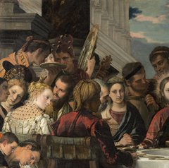Jesus, Maria, das Brautpaar, Hochzeitsgäste, Musiker und Diener sitzen um einen Tisch