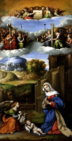 Die Jungfrau Maria in Anbetung des Kindes, in den Wolken über ihr halten Engel die Marterwerkzeuge Christi