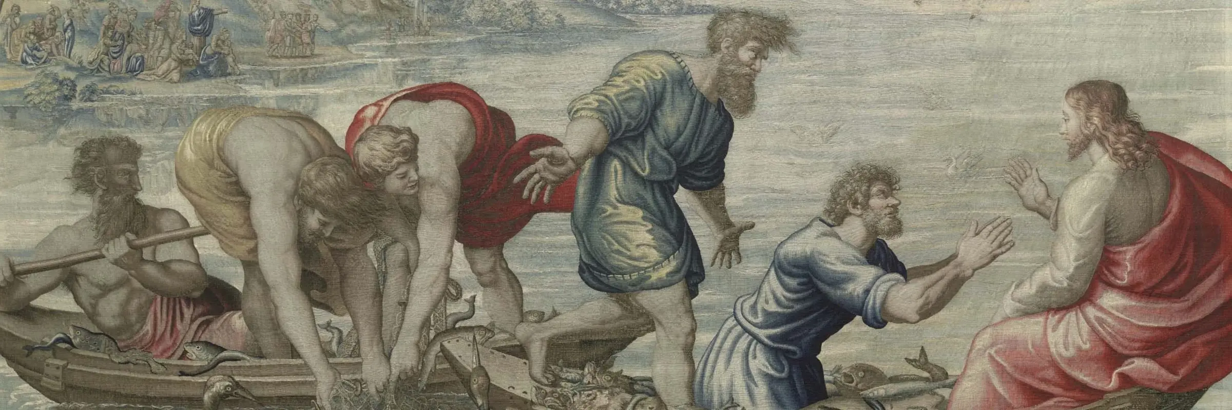Jesus mit fünf Jüngern in Booten auf dem See Genezareth beim Fischen