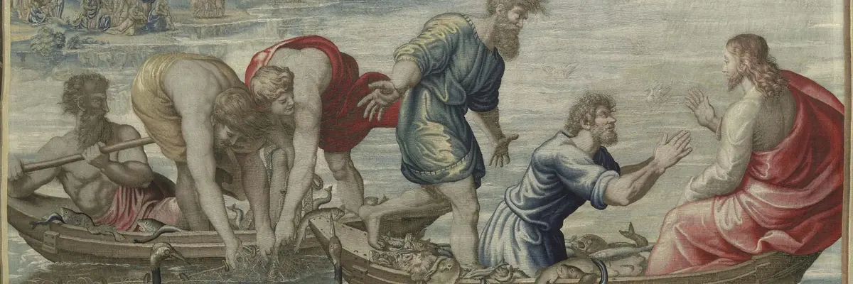 Jesus mit fünf Jüngern in Booten auf dem See Genezareth beim Fischen