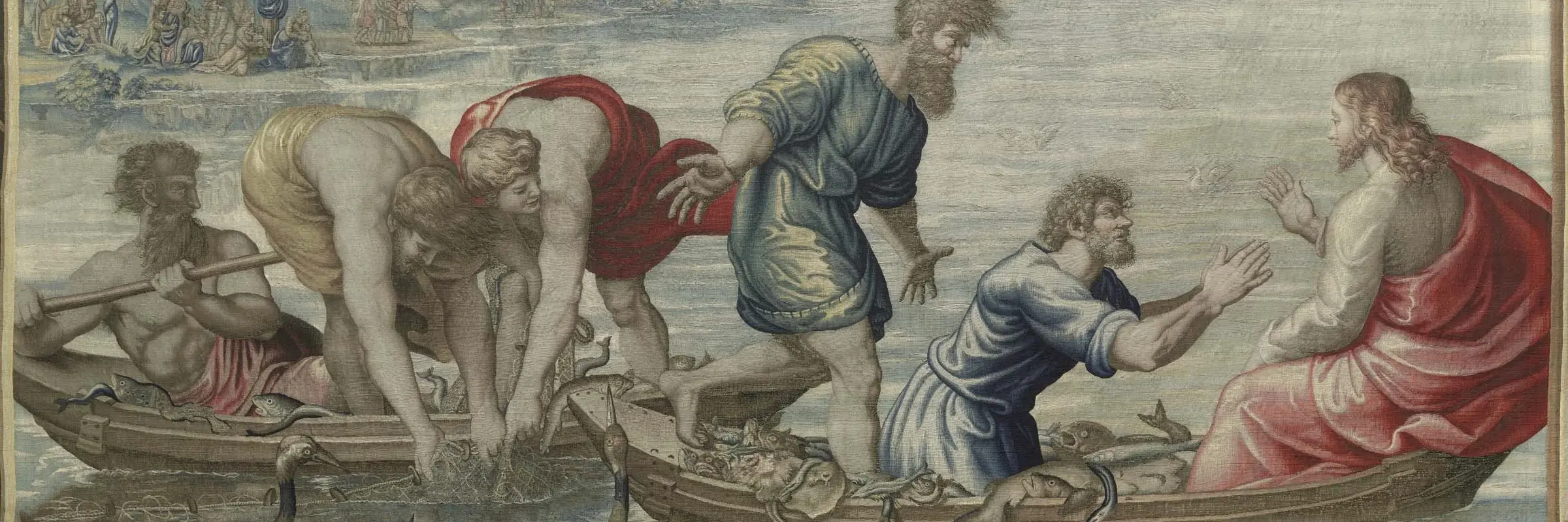 Jesus mit fünf Jüngern in Booten auf dem See Genezareth beim Fischen