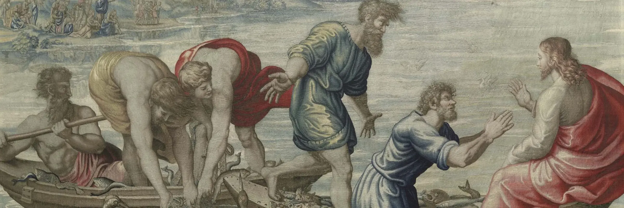 Jesus mit fünf Jüngern in Booten auf dem See Genezareth beim Fischen