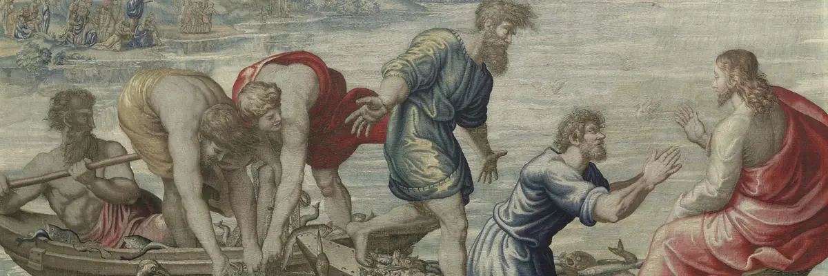 Jesus mit fünf Jüngern in Booten auf dem See Genezareth beim Fischen