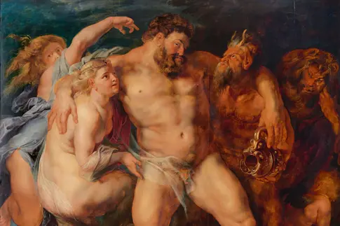 muskulöser, nackter Mann auf zwei Personen gestützt