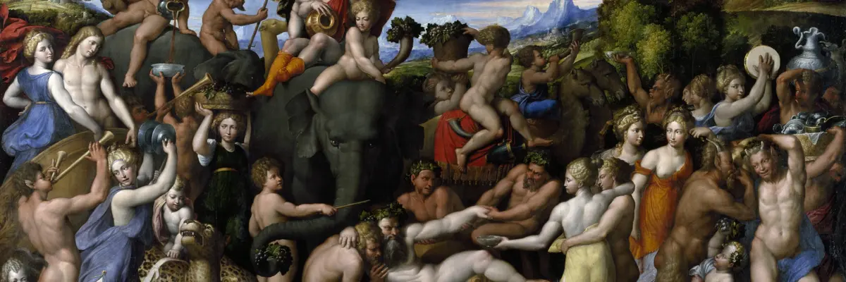 Eine große Menschenmenge und wilde Tiere feiern die Hochzeit von Bacchus und Ariadne, die links im Bild zu sehen sind