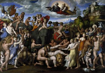 Eine große Menschenmenge und wilde Tiere feiern die Hochzeit von Bacchus und Ariadne, die links im Bild zu sehen sind