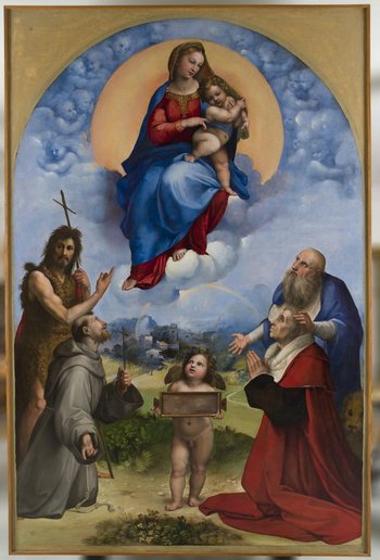 Madonna mit dem Jesuskind im Himmel schwebend