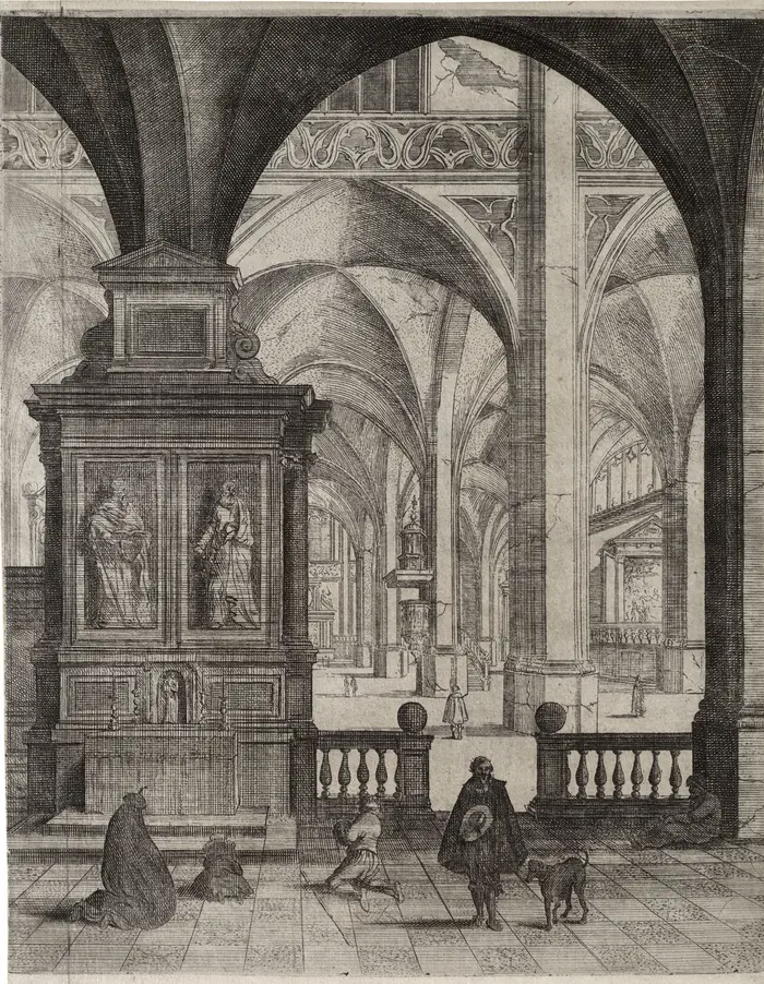 Gerard Houckgeest, Inneres einer gotischen Kirche, ca. 1610-1661 Eine Radierung zeigt Inneres einer gotischen Kirche