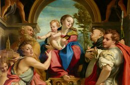 Correggio, Madonna des heiligen Georg, um 1530 Frau hält Baby im Arm, umringt von Menschen und Engeln