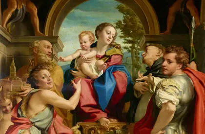 Correggio, Madonna des heiligen Georg, um 1530 Frau hält Baby im Arm, umringt von Menschen und Engeln