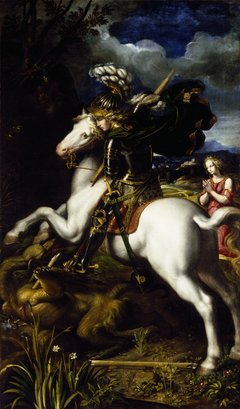 Der Heilige Georg in Rüstung auf einem Schimmel sitzend, den Drachen unter ihm mit einer Lanze zötend