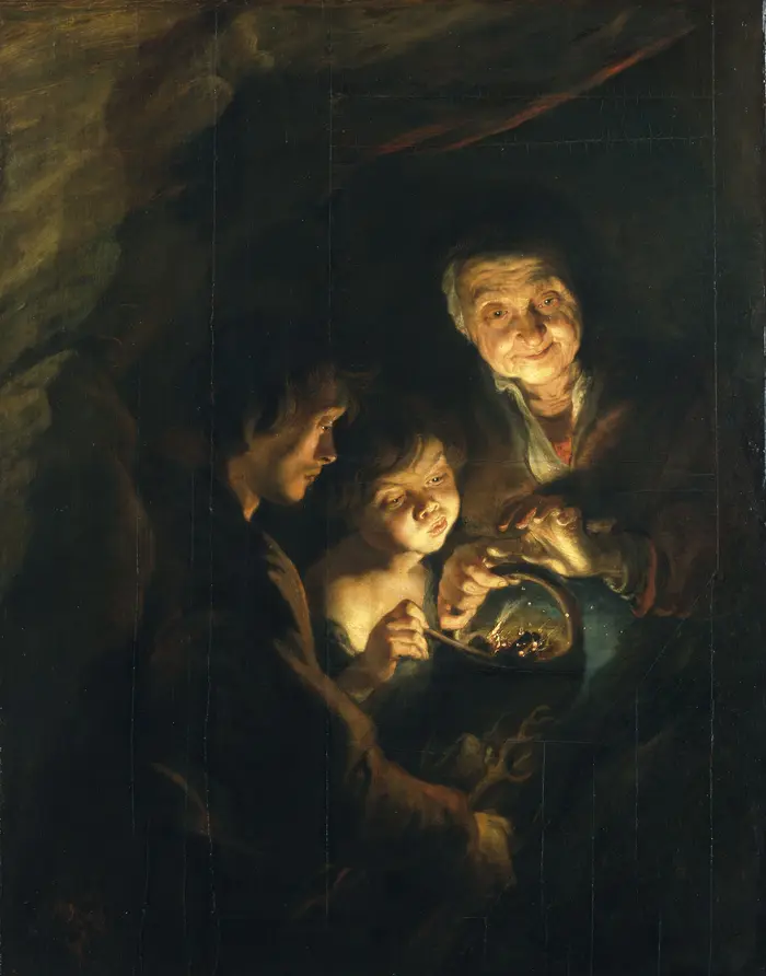 alte Frau mit Kind und jungem Mann an einem Kohlebecken sich die Hände wärmend