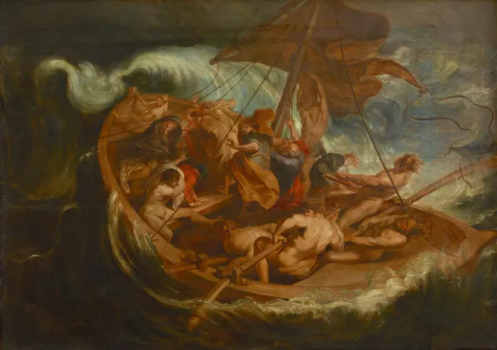 Boot auf stürmischem Meer mit Personen an Bord