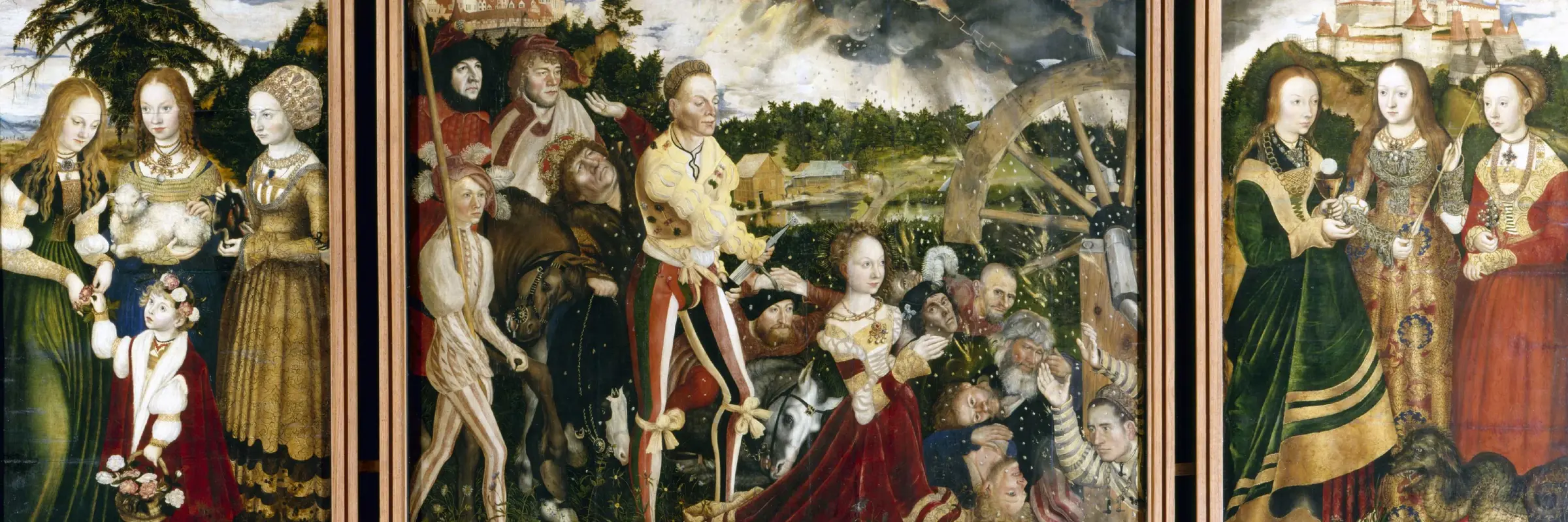 dreiflügeliges Altarbild, auf der Mitteltafel die kniende Heilige Katharina vor ihrer Enthauptung 