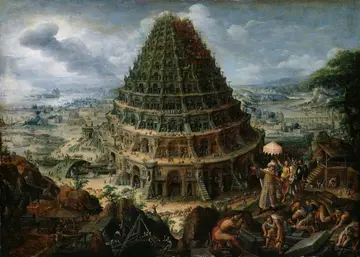 riesiger, unvollendeter Turm, viele Menschen schaffen Material heran und arbeiten an ihm