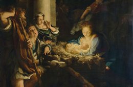 Correggio (eigentlich Antonio Allegri da Correggio), Die Heilige Nacht, um 1528/30 Eine Frau hält ein Baby im Arm in dunkler Umgebung