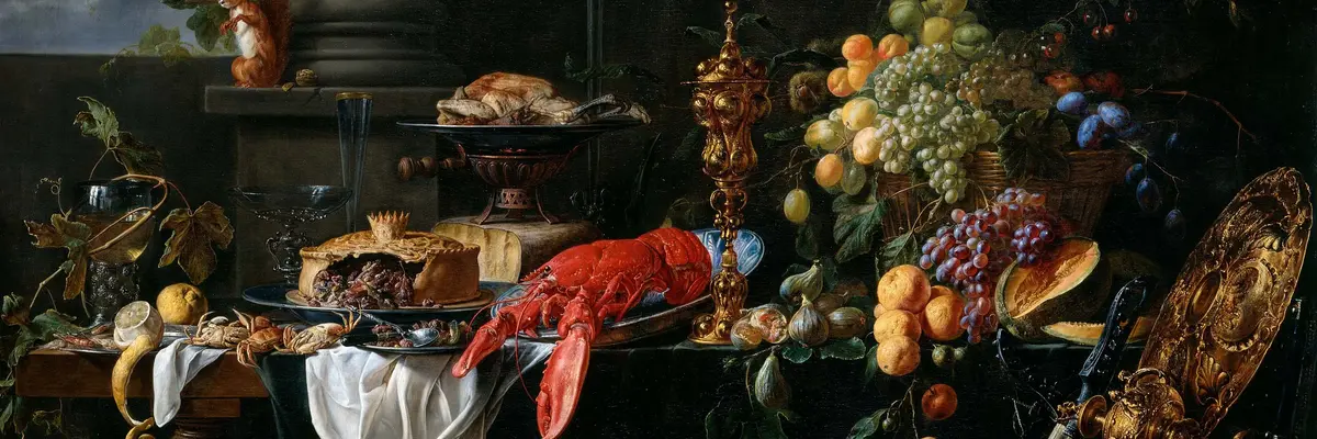 Stillleben mit Lebensmitteln und Musikinstrumenten, Hund und Katze