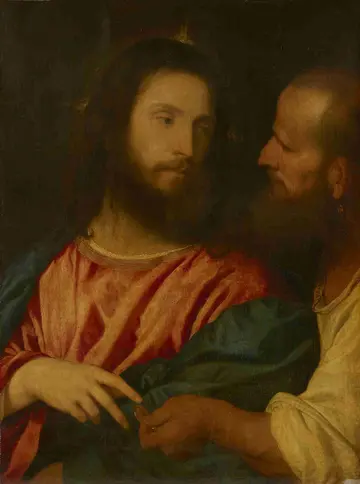 Mann übergibt Münze an Jesus, enger Körperkontakt