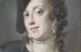 Rosalba Carriera, Caterina Sagredo Barbarigo, um 1735/40 Porträt einer Frau mit schwarzem Dreispitz und Perlenschmuck