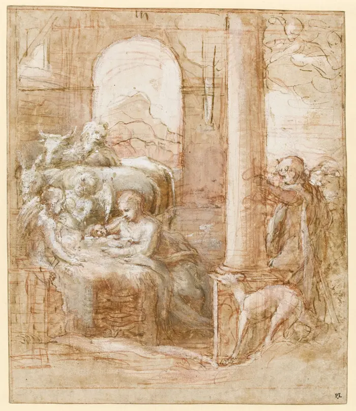 Zeichnung auf Papier, Frau mit Baby im Arm in Stall