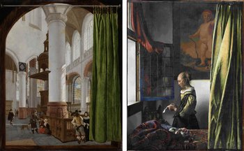 Vergleichsabbildung: Blick in die Oude Kerk in Delft/Frau steht am Fenster eines Zimmers und liest einen Brief