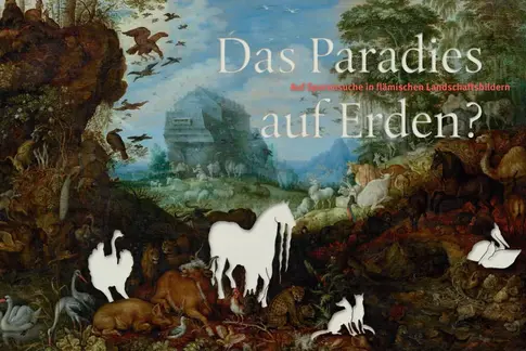 Eine Eintrittskarte mit ausgeschnittenen Tieren auf einem Landschaftsgemälde.