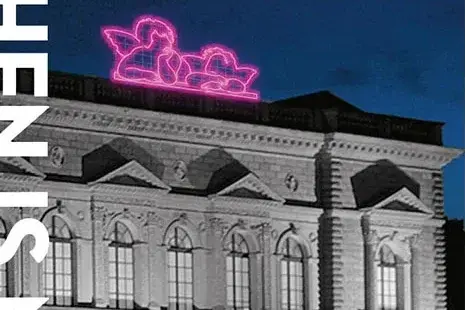 Ein Buchdeckel mit der Inschrift "Then is now", mit der Darstellung der Fassade der Gemäldegalerie Alte Meister. 