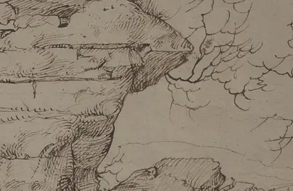 Federzeichnung von hohen Felsenklippen