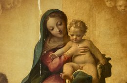 Beginn der Reduzierung der vergilbten Firnisschichten vergilbte Firnisschicht und Freilegung