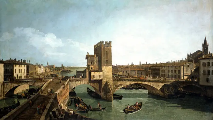 Ansicht einer Stadt mit Brücke