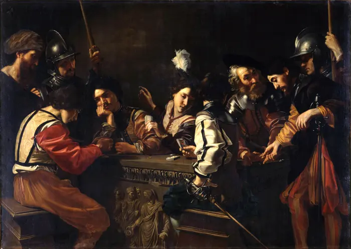 Ein Gemälde zeigt Männer beim Kartenspielen an einem marmornen Tisch. 