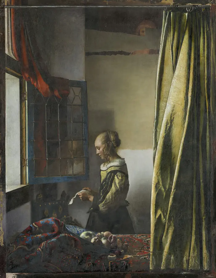 Das Gemälde zeigt ein Mädchen, das einen Brief vor dem Fenster liest. Ein Teppich im Vordergrund bildet eine Grenze zwischen dem Betrachter und dem Mädchen. Im Hintergrund gibt es Spuren eines Gemäldes, die vor kurzem Restauratoren entdeckten.  