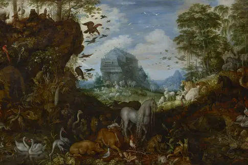 Sehr viele verschiedene Tiere, im Hintergrund die Arche