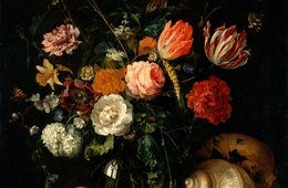 Jan Davidsz. de Heem, Memento mori. Ein Totenkopf neben einem Blumenstrauß, um 1655/60 Stillleben mit üppigem Blumenstrauß neben Totenkopf und Muschel