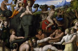 Benvenuto Tisi, gen. Il Garofalo, Der Triumph des Bacchus, um 1540 Das Gemälde zeigt eine Menge von amüsierenden Göttern, Nymphen und Tieren in einer Berglandschaft.