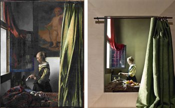 Vergleichsabbildung: Vermeers Gemälde: Brieflesendes Mädchen am offenen Fenster/Fotografie des rekonstruktruierten Raumes
