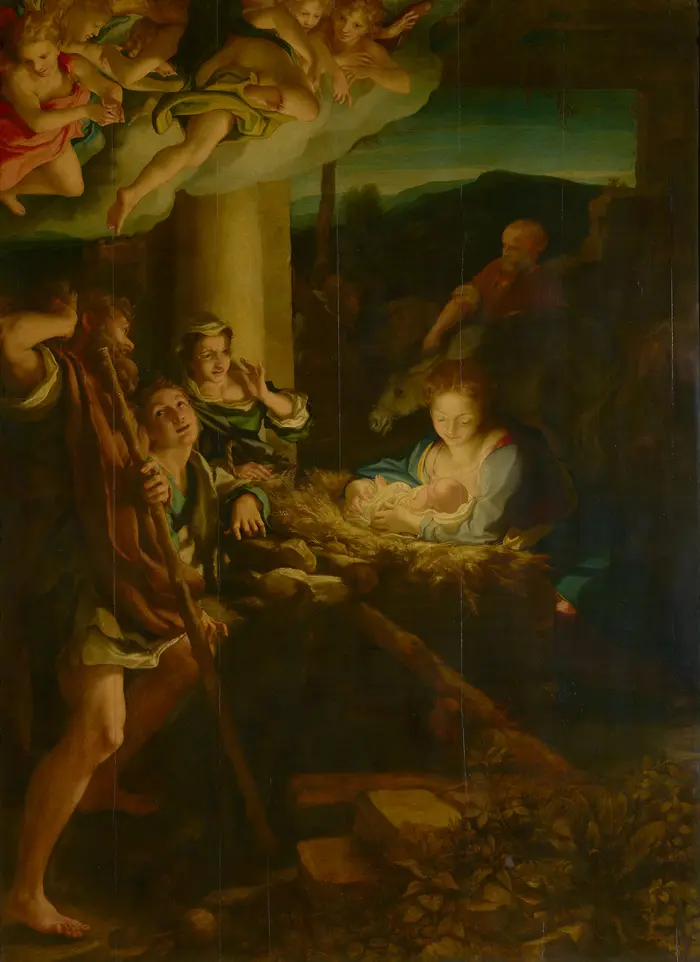 Maria mit dem Kind, das in der Dunkelheit strahlt 