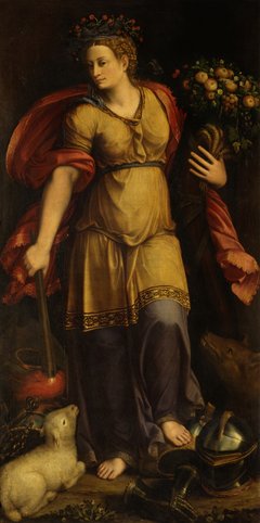 Eine junge Frau mit Füllhorn und Fackel
