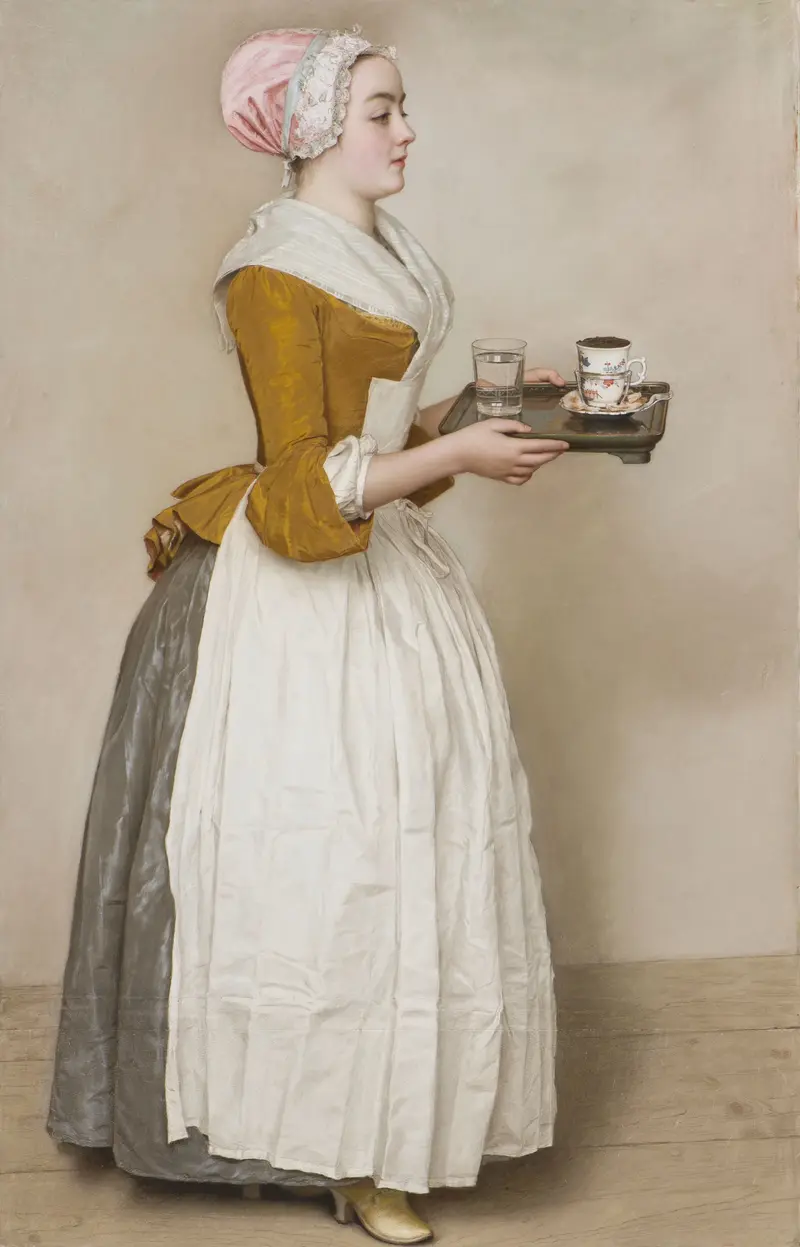 a girl carries a tray with a porcelain chocolate cup and a glass of water