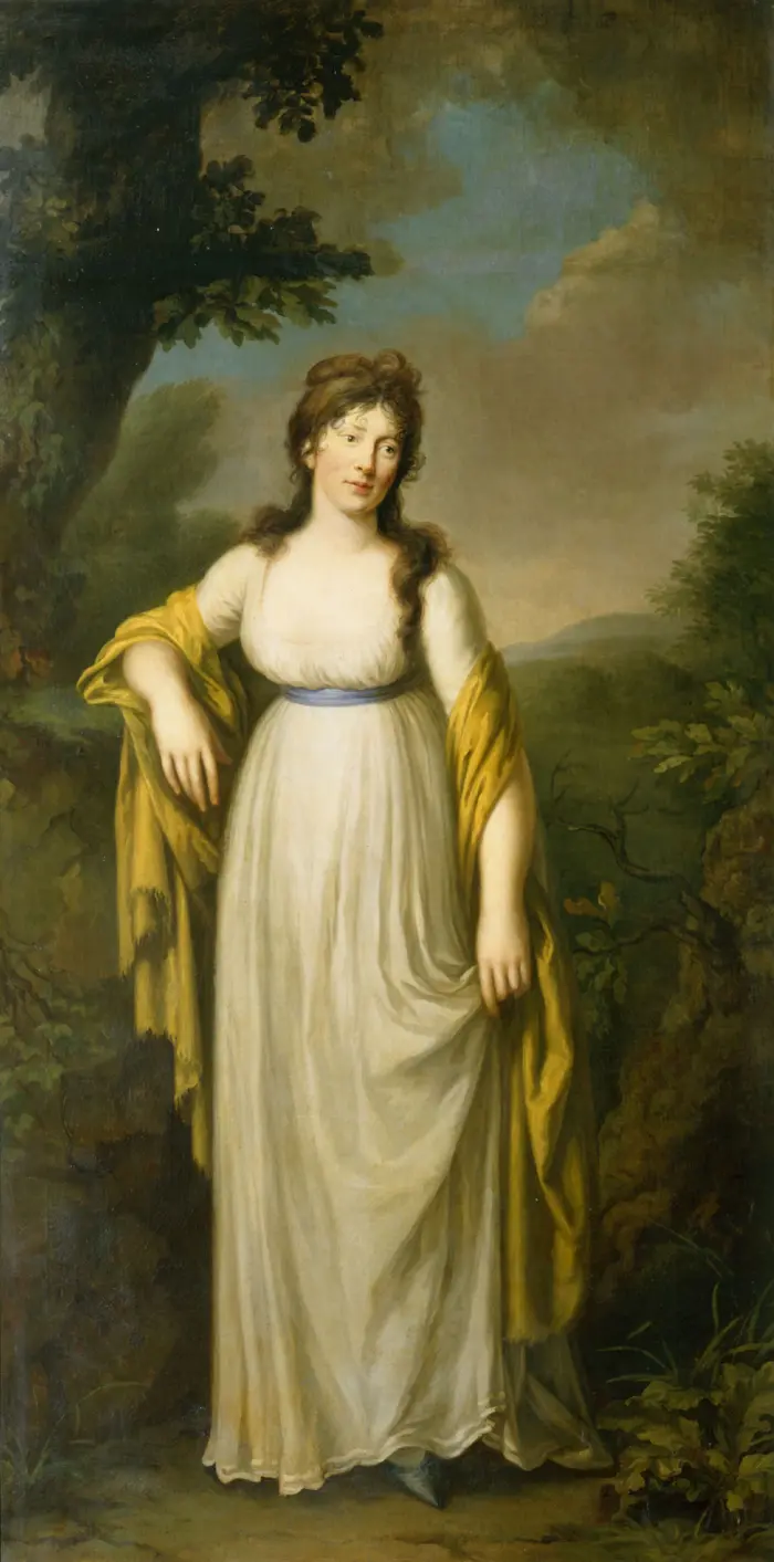 Ein Frauenporträt zeigt eine Frau in einem Kleid der Epoche Empire in einer schönen Landschaft