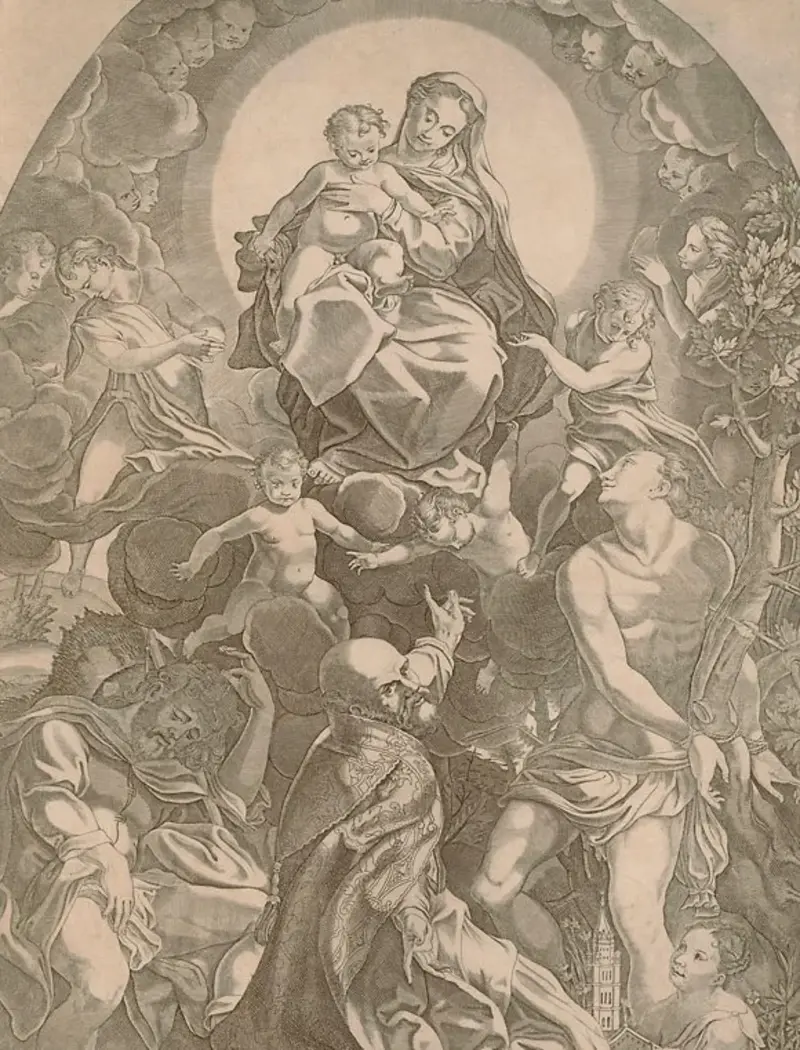 Zeichnung mit der Maria mit Kind umgeben von anderen Heiligen