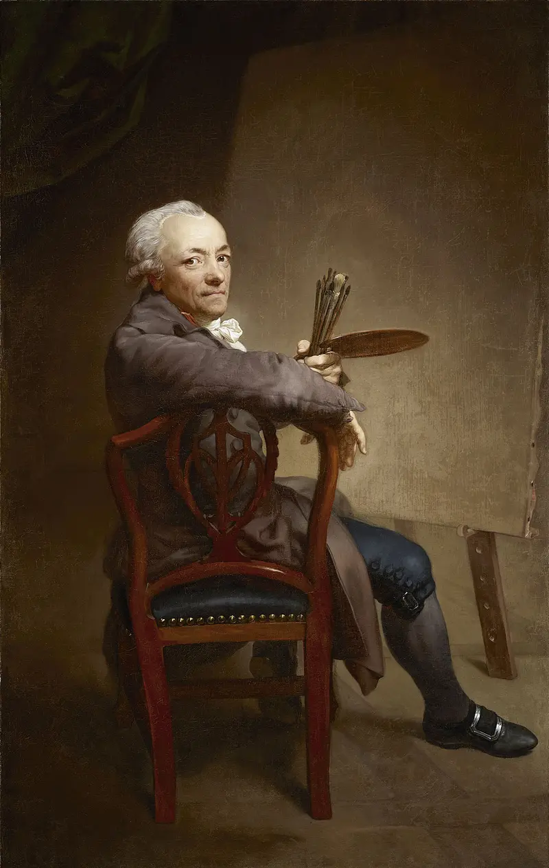 Ein Porträt eines Künstlers vor einer Leinwand, der eine weiße Perücke trägt und Pinsel hält. 