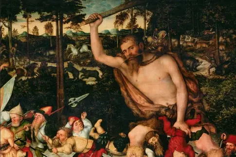 Ein Plakat "Alte Meister neu entdecken" ein Gemälde von Lucas Cranach, das den Kurfürsten Moritz als Herkules darstellt. 