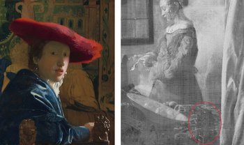 Vergleichsabbildung: Vermeers Mädchen mit rotem Hut/Kontur eines Löwenkopfes in der Blei-Karte der Röntgenfluoreszenz-Untersuchung