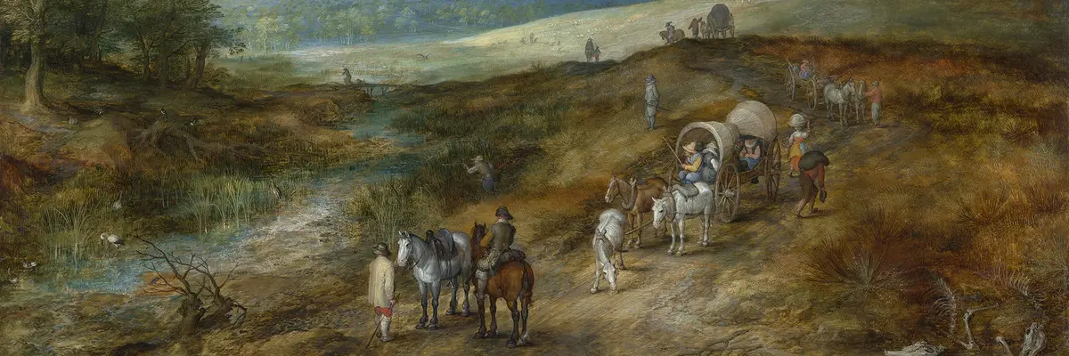 Hügelige Landschaft mit einer Gruppe an Menschen