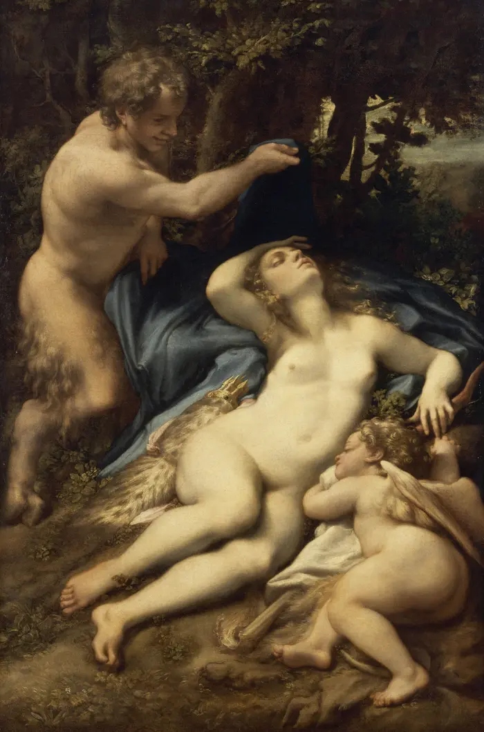 liegende nackte Frau, daneben liegt ein kleiner Engel, dahinter steht ein Satyr