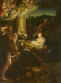 Maria bettet Jesuskind in Krippe, daneben drei entzückte Personen, oben links schweben Engel, im Hintergrund Vieh