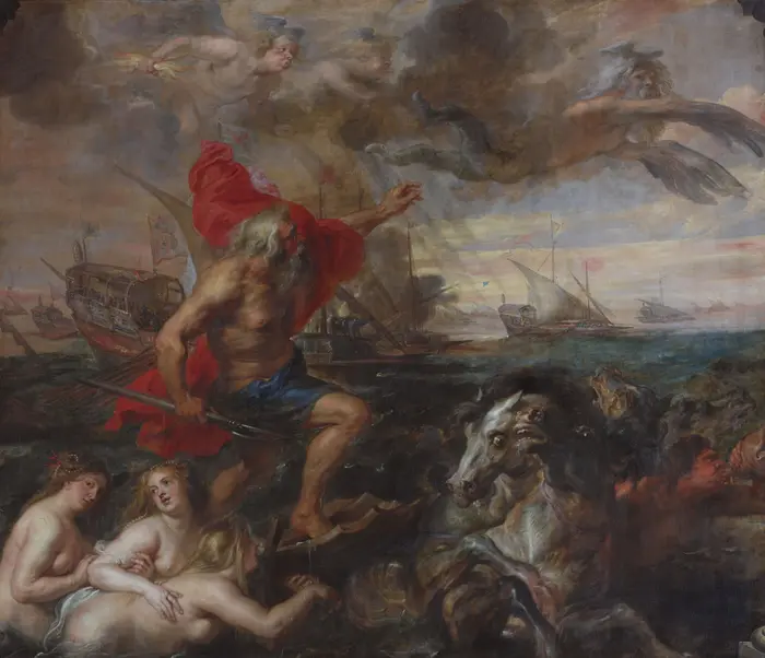 älterer Mann auf dem Meer, um unteren Rand ein Pferdegespann und mehrere nackte Frauen