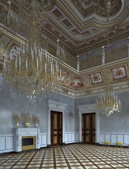 Kleiner Ballsaal im Residenzschloss Dresden, Visualisierung, Architekt: Jens-Uwe Anwand Ansicht eines Saales mit Kronleuchtern